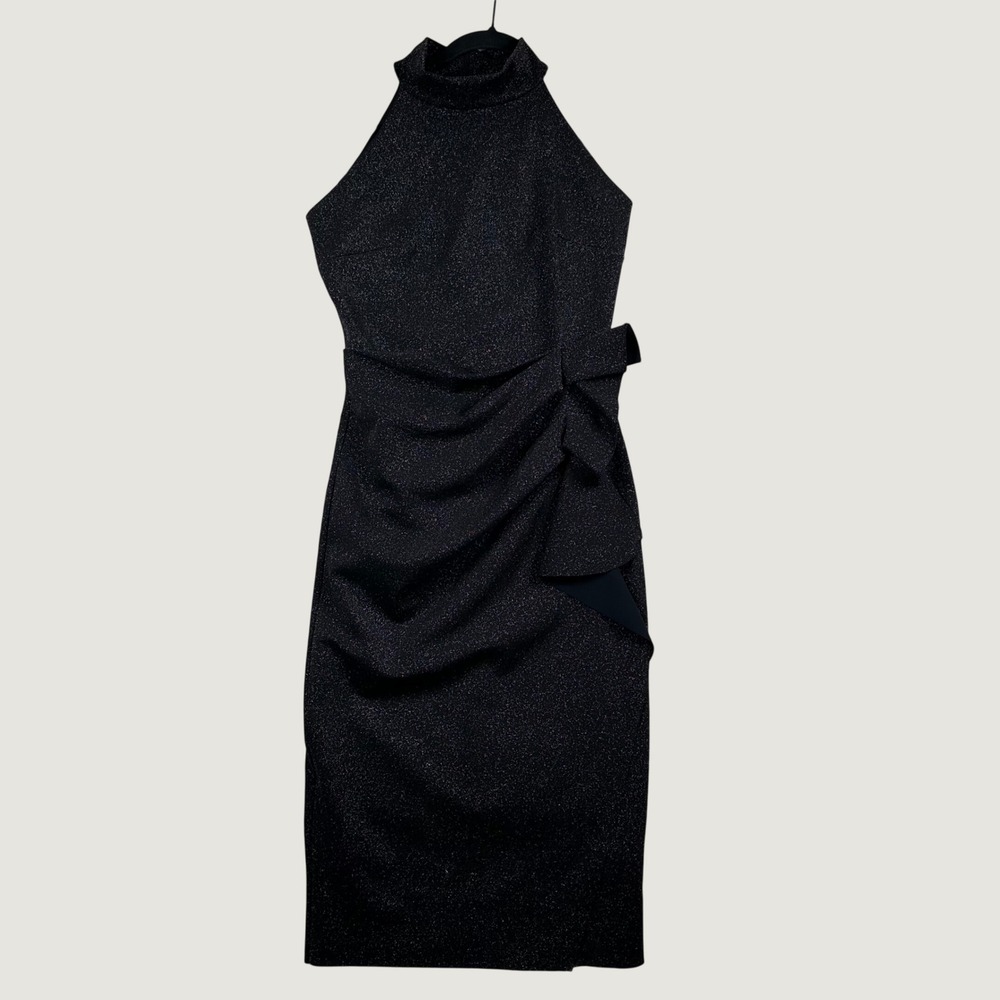 Chiara Boni Gudrum Black Halter Metallic Dress 44 Cocktail Wedding Midi Evening